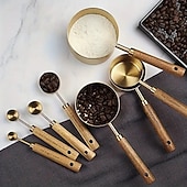 رخيصةأون أدوات القياس-مجموعة من 8 قطع من أكواب القياس والملاعق - أكواب قياس من الفولاذ المقاوم للصدأ بمقبض خشبي، مجموعة ملاعق قياس معدنية، مجموعة قياس المطبخ للمطبخ/الطعام/الخبز