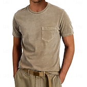 billiga grundläggande t-shirts-Herr T-shirt Tvätta skjorta i 100 % bomull Kortärmad Rund hals Sommar Vår Alla årstider Ensfärgat Elegant Vintage Neutral Ficka Crewneck Urblekt Ledigt Hem Utomhus Ljusblå Aprikos Svart Topp t-shirt