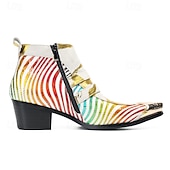 halpa Ensiluokkaiset nahkasaappaat-Miesten valkoiset abstraktin raidalliset nahkaiset cowboy-saappaat vetoketjulla ja metallisella kärjellä, 100% naudannahasta valmistetut taiteelliset nilkkurit lavalle ja tapahtumiin