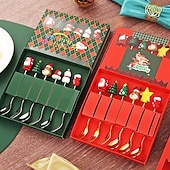 cheap Table &amp; Dining Decor-6Pcs Christmas Spoon and Fork Set Stainless Steel Christmas Tree Tea Coffee Dessert Ice Cream Tableware Creative Cutlery Gift for Home Holiday Party