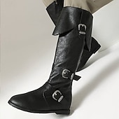 olcso lovaglócsizma-férfi fekete műbőr magas szárú csizma stílusos csattal – tökéletes karácsonyi partikra és téli divatba