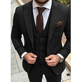 お買い得  フォーマルスーツ-男性用 ツイードスーツ カジュアル ビジネス ブラック グレー 秋 スーツ ピークドラペル フォーマル ヘリンボーン テイラーフィット 3点セット シングルブレスト 一つボタン
