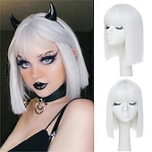 levne Syntetické trendy paruky-Modrá paruka krátká rovná modrá bob paruka s ofinou 10 palcová syntetická barva paruky pro ženy s přírodními vlasy pro kostýmy na každodenní párty cosplay