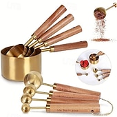 رخيصةأون أدوات القياس-مجموعة من 8 قطع من أكواب القياس والملاعق - أكواب قياس من الفولاذ المقاوم للصدأ بمقبض خشبي، مجموعة ملاعق قياس معدنية، مجموعة قياس المطبخ للمطبخ/الطعام/الخبز