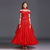 Недорогие Стандартный бальный зал-женское платье для бальных танцев, ярко-розовое, с цветочной аппликацией из страз, многослойной органзы, элегантное, для выступлений на соревнованиях по вальсу, танго, фокстроту