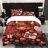 baratos Conjuntos de capa de edredão-Conjunto de capa de edredom de 3 peças com estampa de vaca das terras altas e flores fofas para cama grande, capa de edredom curta e macia com 2 fronhas – roupa de cama para quarto de hotel,