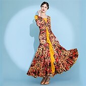 economico Sala da Ballo Standard-abito da ballo da sala con stampa floreale per donna - abito a trapezio con maniche lunghe e accenti gialli per competizioni, latino americani ed eventi di danza - rosso&amp;amp;floreale