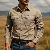 preiswerte Westernhemden für Herren-Herren Amerikanische US-Flagge Patriotisch Arbeitshemd Westernhemd Cargohemd Langarm Taktisch Vintage-Retro Sport im Freien Arbeitskleidung Frühling Herbst Umlegekragen Zwei Fronttaschen Hemden mit