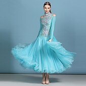 economico Abbigliamento da Competizione-abito da ballo da sala da donna con cristalli ricamati, spalle scoperte, elegante abito da competizione in rete a strati per valzer, tango, foxtrot – blu ghiaccio