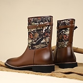 olcso Cowboy és nyugati csizma-Barna műbőr férfi félvádrávégű csizma terepszínű szövetrészletekkel – divatos és praktikus lábbeli szabadtéri kalandokhoz és hétköznapi viselethez