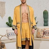 abordables Pyjamas-Homme Pyjamas Robe en soie Vêtements de Nuit Robe de bain Impressions Graphiques Mode Élégant Classique Maison Quotidien Lit Polyester Confort Doux Col en V manche longue Ceinture Incluse Printemps