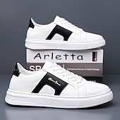 abordables Zapatillas Informales-Zapatillas casuales de piel sintética blanca para hombre con panel de acento marrón y diseño con cordones, zapatos de calle cómodos para atuendos urbanos y deportivos diarios.