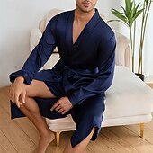 preiswerte Morgenröcke-Herren Schlafanzug Seidenrobe Nachtwäsche Schlafanzug Set Einfach Mode Stilvoll Klassisch Heim Täglich Bett Polyester Komfort Weich V Ausschnitt Langarm Frühling Herbst Champagner Wein