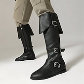 olcso lovaglócsizma-férfi fekete műbőr magas szárú csizma stílusos csattal – tökéletes karácsonyi partikra és téli divatba