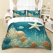 preiswerte Bettbezug-Sets-Unterwasserwelt Seestern &amp;3-teiliges Daunenbettbezug-Set mit Oktopus-Motiv für Queensize-Betten, weicher Bettbezug mit 2 Kissenbezügen – Hotel &amp;Gästezimmerbettwäsche, gemütlich &amp; komfortabel