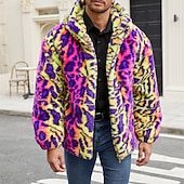 voordelige Herenjacks &amp; jassen-Voor heren Winterjack Jas van imitatiebont Dagelijks Vakantie Thermisch Warm Fleece Herfst Winter Luipaard Modieus Streetwear Capuchon Normaal Imitatiebont Geel Jacks