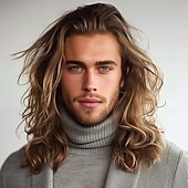 olcso Férfiparókák-hosszú, hullámos, barna parókák férfiaknak szintetikus, hőálló cosplay halloweeni jelmez paróka világosbarna