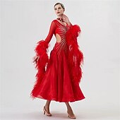 abordables Vêtements de Compétition-Robe de danse de salon pour femme, manches en plumes et strass, tenue de compétition de valse et de tango, avec dos transparent – rouge