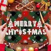 baratos Placemats &amp; Coasters &amp; Trivets-6 peças de floco de neve vermelho de natal &amp;Jogo americano de boneco de neve de árvore de Natal resistente ao calor, jogos americanos quadrados de linho para decoração de mesa de sala de jantar,