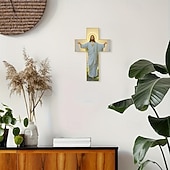 tanie rzeźby ścienne-Drewniany krzyż ścienny z wizerunkiem Jezusa Chrystusa w złotej aureoli, 20x30 cm/8x12 cali, religijny, domowy, kościelny, salon, biuro, dekoracja ścienna, ozdoba wielkanocna, prezent świąteczny,