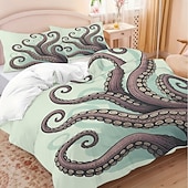 preiswerte Bettbezug-Sets-Unterwasserwelt Seestern &amp;3-teiliges Daunenbettbezug-Set mit Oktopus-Motiv für Queensize-Betten, weicher Bettbezug mit 2 Kissenbezügen – Hotel &amp;Gästezimmerbettwäsche, gemütlich &amp; komfortabel