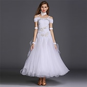 Недорогие Стандартный бальный зал-женское платье для бальных танцев, ярко-розовое, с цветочной аппликацией из страз, многослойной органзы, элегантное, для выступлений на соревнованиях по вальсу, танго, фокстроту