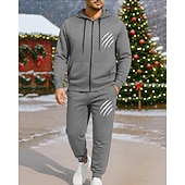 Недорогие спортивные костюмы-Новогодняя тематика Муж. Спортивный костюм из двух частей Толстовка с капюшоном для отдыха Толстовка на молнии Полный почтовый индекс с карманом Геометрический принт Наборы одежды Весна Черный Винный