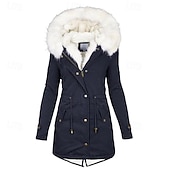 preiswerte Winter Parka-Damen Wintermantel Kunstpelzmantel Kapuzenjacke Warm Bequem Fellbesatz Reißverschluss Tasche Knöpfe Lässig Einfach Outdoor Urlaub Alltagskleidung Ausgehen Lang Mit Kapuze Normale Passform Langarm