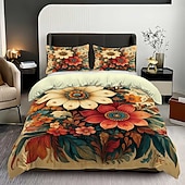 Χαμηλού Κόστους Σετ παπλωματοθήκης-Σετ παπλωματοθήκης 3 τεμαχίων με ρετρό τρισδιάστατη εκτύπωση λουλουδιών από πούπουλα για κρεβάτι queen size, μαλακό κοντό βελούδινο κάλυμμα παπλώματος με 2 μαξιλαροθήκες - κλινοσκεπάσματα υπνοδωματίου