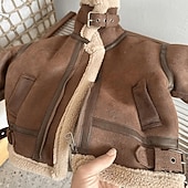 cheap Girl&#039;s Leather Jackets-Kids Girls&#039; Faux Suede Jacket Black Leather Jacket Fleece Jacket Jacket Solid Color Fashion Zipper Pocket Keep Warm Windproof Outdoor Coat Outerwear 4-12 Years Fall Coffee