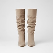olcso Slouch Boots-női szürke velúr bő szárú csizma hegyes orrú és tömbsarkú cipővel - elegáns őszi és téli lábbelik hétköznapokra és elegáns alkalmakra