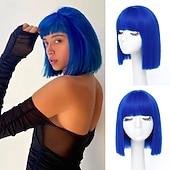 levne Syntetické trendy paruky-Modrá paruka krátká rovná modrá bob paruka s ofinou 10 palcová syntetická barva paruky pro ženy s přírodními vlasy pro kostýmy na každodenní párty cosplay