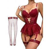 economico Regali-Set Babydoll Lingerie Teddy Bodysuit Collant a Rete con Accessori Donne Lingerie in Rete e Pizzo Elegante Indumento Notturno Adulti Casa Vestire Regalo di San Valentino per Lei