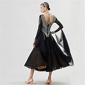 cheap Competition Wear-Women's Ballroom Dance Dress Rhinestone Mesh Long Sleeve Waltz Tango Competition Performance Gown with Layered Gold Hem – Black Gold