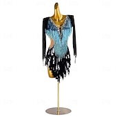 Robe de danse latine pour femme, bleu glacier, noir, franges, strass, manches longues, costume de performance pour compétition de cha cha rumba samba abordables robe de compétition-Robe de danse latine pour femme, bleu glacier, noir, franges, strass, manches longues, costume de performance pour compétition de cha cha rumba samba