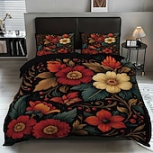 Χαμηλού Κόστους Σετ παπλωματοθήκης-Σετ παπλωματοθήκης 3 τεμαχίων με ρετρό τρισδιάστατη εκτύπωση λουλουδιών από πούπουλα για κρεβάτι queen size, μαλακό κοντό βελούδινο κάλυμμα παπλώματος με 2 μαξιλαροθήκες - κλινοσκεπάσματα υπνοδωματίου