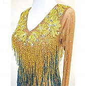 abordables robe de compétition-Women’s Gold and Blue Latin Dance Dress with Crystal Rhinestones and Fringed Details for Salsa, Tango, and Dance Performance