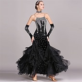 economico Abbigliamento da Competizione-abito da ballo da sala da donna, verde smeraldo, in organza di velluto a rete con strass, a strati, per tango, valzer, foxtrot, competizione