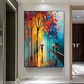 tanie Pejzaże-prezent świąteczny ręcznie malowany obraz olejny kolorowy spacer po mieście malarstwo na płótnie romantyczna para sztuka abstrakcyjne płótno deszczowe światła uliczne dekoracja ścienna nowoczesny