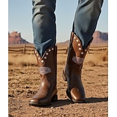 voordelige Cowboy &amp; Western Boots-Voor heren Laarzen Cowboy westernlaarzen Retro Vintage Casual Buiten Dagelijks PU Leder Comfortabel Anti-slip Warm Kuitlaarzen Instapper Bruin Zomer Lente Herfst