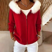 billiga Tröjjackor-Dam Tröja Kofta Elegant Mode söt stil Ensfärgat Huva Dragkedja Stickat Huva Långärmad Långa toppar Sticka Jul Utomhus Dagligen Svart Rubinrött Höst Vinter