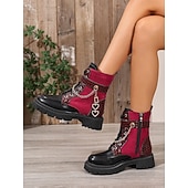 Недорогие Женские ботинки-Модные армейские ботинки на массивном каблуке с цепочкой в форме сердца – бордовые и черные