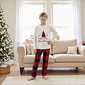 Недорогие детская рождественская пижама-Семейный вид Новогодняя тематика Рождественская семейная пижама Пижамы Семейные наборы Графика В клетку Новогодняя ёлка Дом С принтом Красный Длинный рукав Повседневные Подходящие наряды