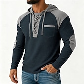 levne Ležérní tričko Henley-Pánské Vaflové tričko Waffle Henley košile Pánské košile s nášivkami na loktech Dlouhý rukáv Kapuce Podzim Jaro &amp; podzim Pevná barva Módní Moderní Šňůrky Kapsy Slátanina Ležérní Venkovní Večírek Modrá