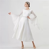 abordables Vêtements de Compétition-Robe de danse de salon pour femme, manches longues, taille strass, élégante, pour valse, tango, foxtrot, compétition – blanche