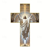 tanie rzeźby ścienne-Drewniany krzyż ścienny z wizerunkiem Jezusa Chrystusa w złotej aureoli, 20x30 cm/8x12 cali, religijny, domowy, kościelny, salon, biuro, dekoracja ścienna, ozdoba wielkanocna, prezent świąteczny,