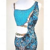 cheap Competition Dress-Women's Latin Dance Dress Blue Rhinestone Cutout Bodycon Fringe Costume for Cha Cha Samba Paso Doble Performance Competition