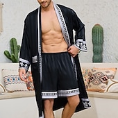 abordables Pyjamas-Homme Pyjamas Robe en soie Vêtements de Nuit Robe de bain Impressions Graphiques Mode Élégant Classique Maison Quotidien Lit Polyester Confort Doux Col en V manche longue Ceinture Incluse Printemps