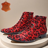 Miesten punaiset leopardikuvioiset nahkaiset nilkkurit, joissa nauhat ja terävä kärki, 100% naudannahkaa, muotisaappaat lavalle, klubeille ja trendikkäisiin asuihin. halpa Miesten joulukengät-Miesten punaiset leopardikuvioiset nahkaiset nilkkurit, joissa nauhat ja terävä kärki, 100% naudannahkaa, muotisaappaat lavalle, klubeille ja trendikkäisiin asuihin.