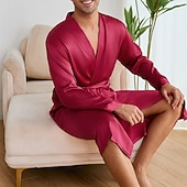 preiswerte Morgenröcke-Herren Schlafanzug Seidenrobe Nachtwäsche Schlafanzug Set Einfach Mode Stilvoll Klassisch Heim Täglich Bett Polyester Komfort Weich V Ausschnitt Langarm Frühling Herbst Champagner Wein